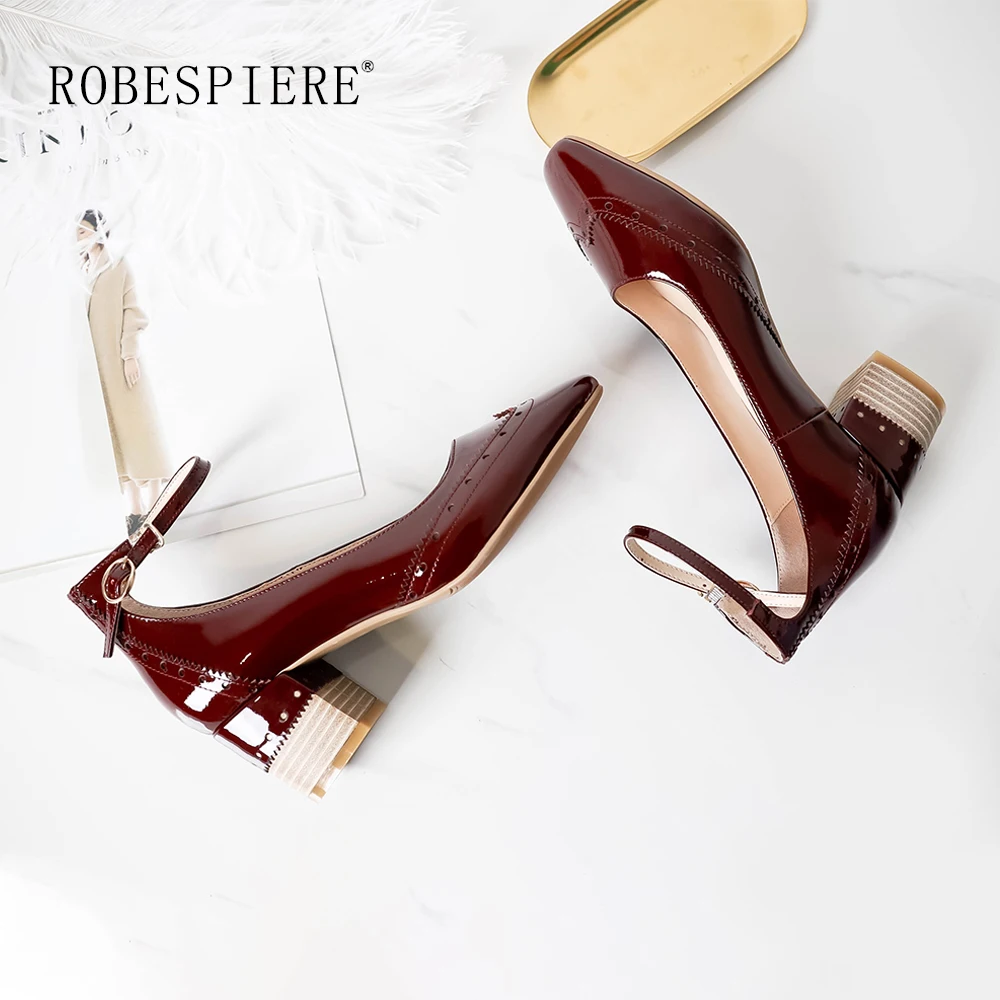 ROBESPIER/Новинка; популярные туфли-лодочки mary jane; высококачественные цветные женские туфли из натуральной кожи на высоком каблуке; модные туфли-лодочки с пряжкой и резным узором; A4