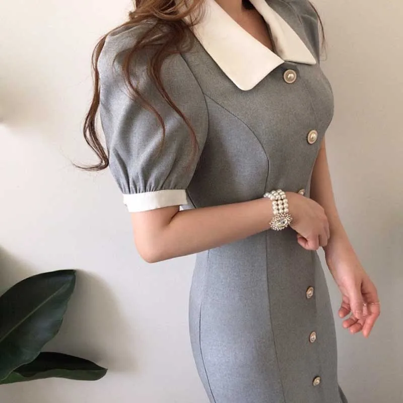 Woman One-Piece Dress 2020 Summer New French Pearl Button Fishtail Stitching Slim Puff Sleeve Dress Lady Korean Elegant Dresses