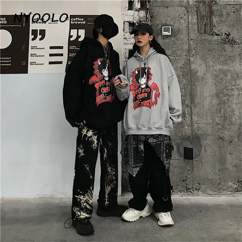 NYOOLO Harajuku аниме любителей Аватар буквы печати теплые толстовки повседневные уличные пуловеры с капюшоном плюс бархатная Толстовка для женщин и мужчин
