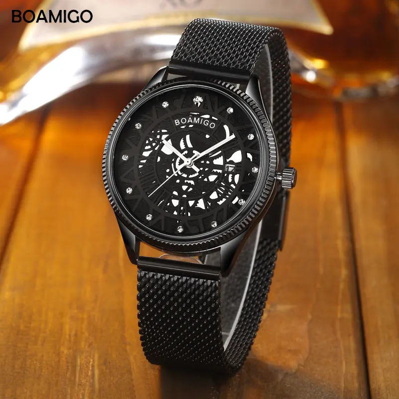 BOAMIGO Brand Men Watch Quartz Fashion Skeleton Male Black Sports Mesh Steel Belt Automatic Date Clock Relogio Masculino | Наручные часы