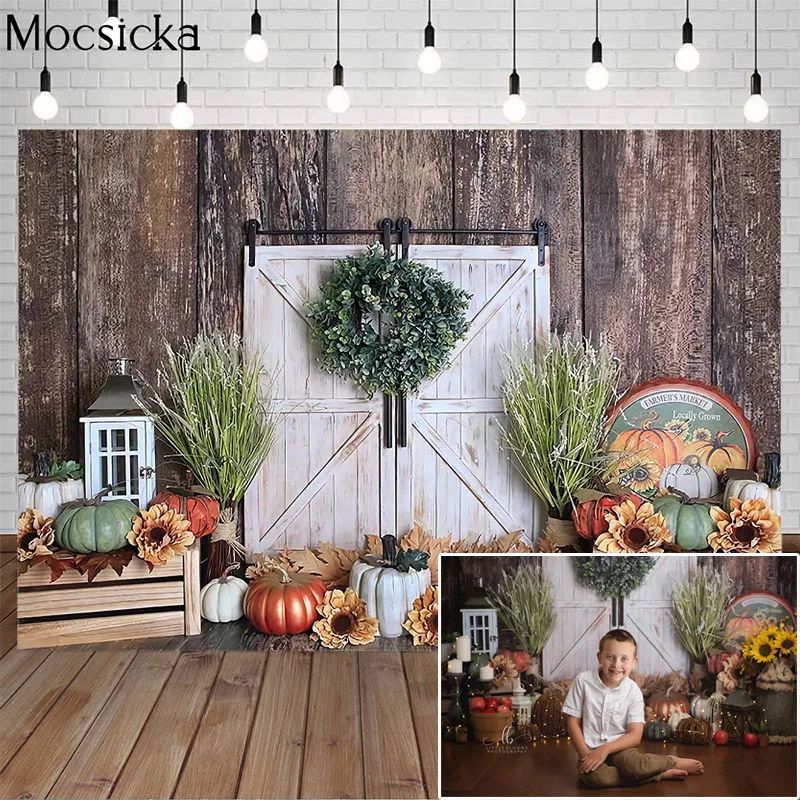 

Mocsicka Pumpkin Photography Background Autumn Halloween Backdrop Wreath Wooden Door Child Portrait Decoration Props Studio