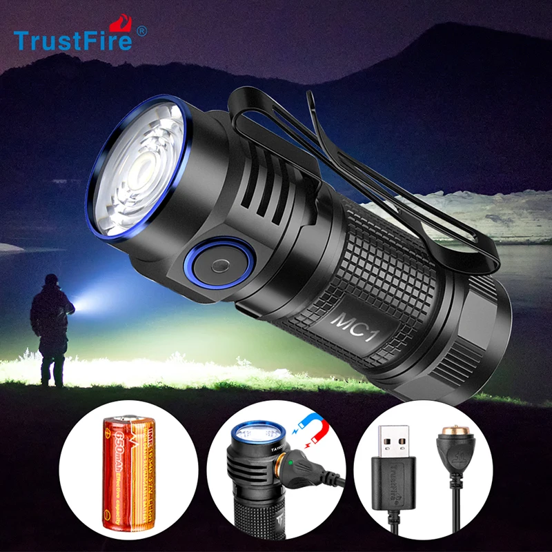 Trustfire MC1 Magnetic LED Flashlight 1000 Lumens Cree Rechargeable 2A Fast Charging Pocket Light with Magnet Mini EDC Work Lamp