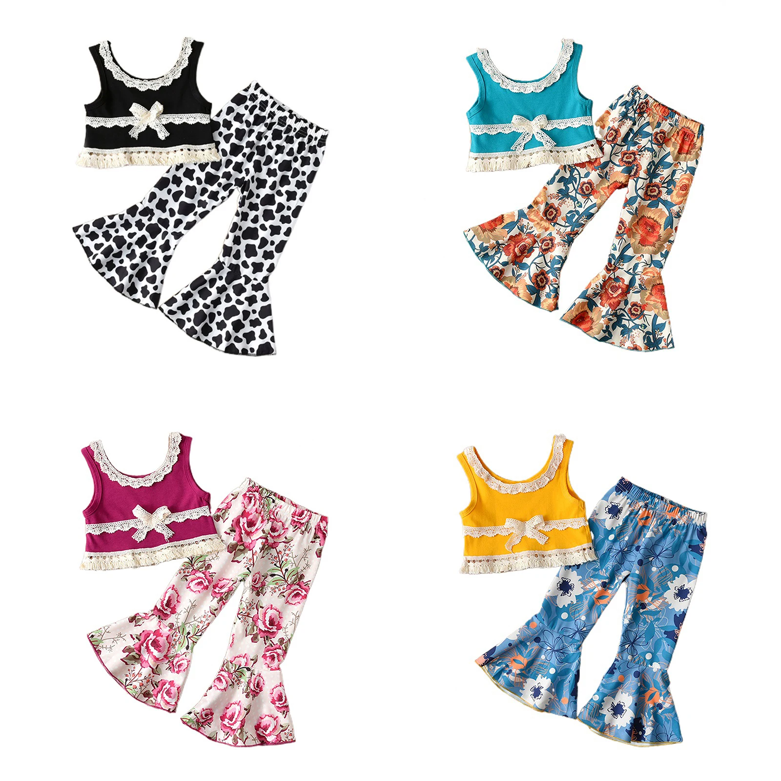 Focusnorm 4 Colors Summer Kids Girls Sweet Clothes Sets Lace Ruffles