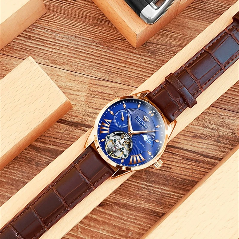 AILANG Top  Luxury Moon Phase Skeleton Tourbillon  Men Automatic Mechanical Male Wrist_voghion.com