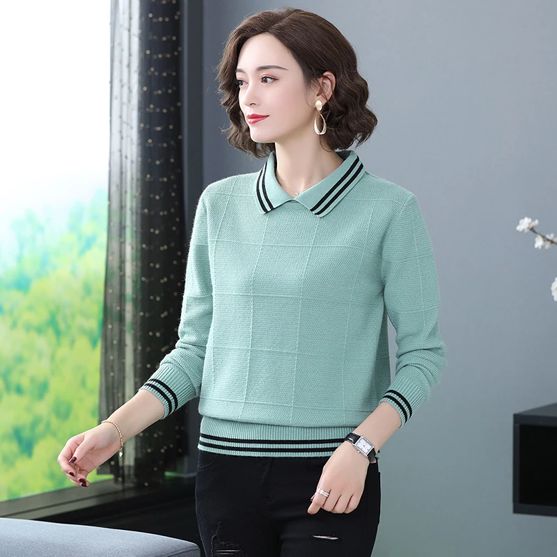 ASLTW, женский зимний Однотонный свитер в клетку с длинным рукавом, пуловер, женский свитер высокого качества с отворотом - Цвет: Небесно-голубой