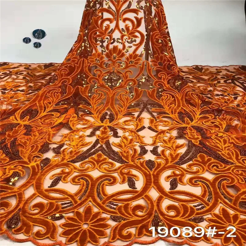 

Hot Selling Sequins African French Velvet Lace Fabric With Sequins High Quality Nigerian Velvet Lace Fabric For Wedding Orange