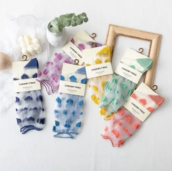 

2020 New Fasahion Spring And Summer Women's Socks College Style Cute Heart Pattern Half Transparent Socks Middle Tube Socks