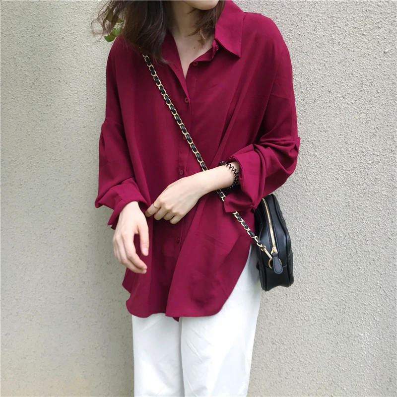 

Women's Tops Shirt Chiffon Shirt Bat Sleeve Shirt Lapel Mid-length Shirt Spring and Autumn Turn-down Collar Shirt women