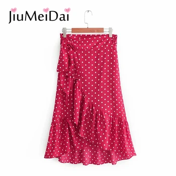 

JiuMeiDai Red Ruffles Belt Waist Women Long Skirt Female Vintage Dot Printed Spring Skirts Party Beach Causal Quality Clothing