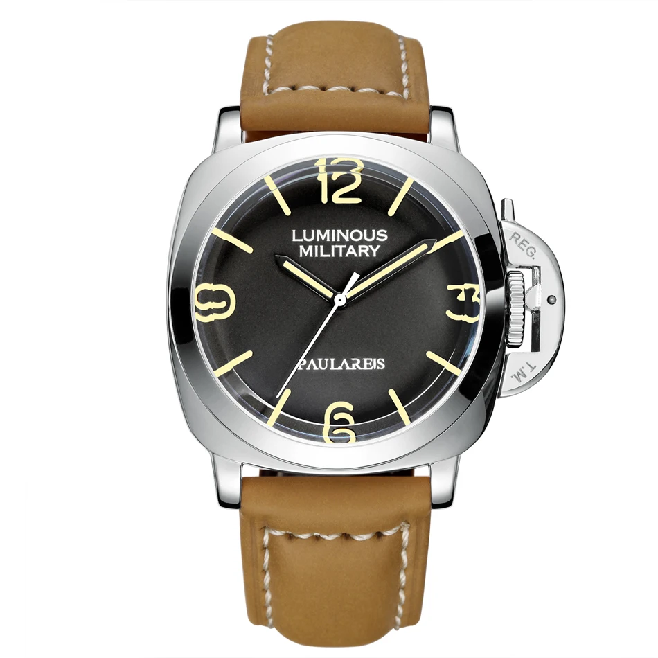 Automatic Self Wind Mechanical Genuine Brown Leather Strap Yellow Green Luminous 44mm Luxury Rose Gold Military Men Watch afbeelding
