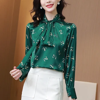 

Office Lady Fashion Natural Real Silk Shirt Elegant Bow Long Sleeve Letter Print Blouses Spring Autumn Loose Women Satin Blouse