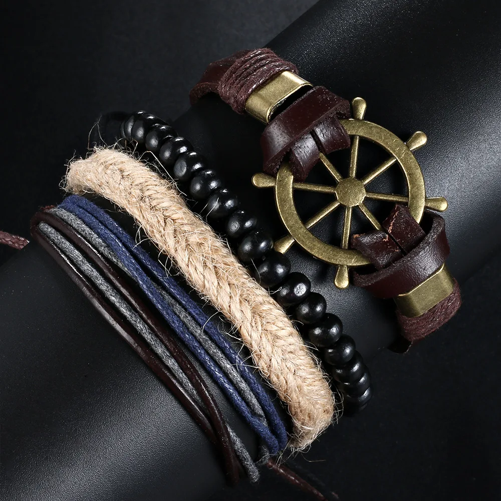 Привет Человек Винтаж Панк Многослойный кожаный браслет для мужчин цинковый сплав рулевой Морской браслет классические ювелирные изделия оптом