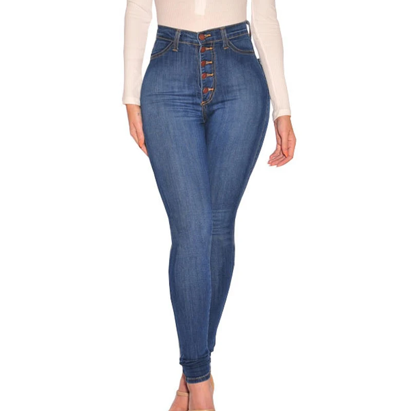 women solid long jeans oversized 2021 autumn elastic skinny pencil pants high waist button fly demin with pockets vaqueros mujer | Женская
