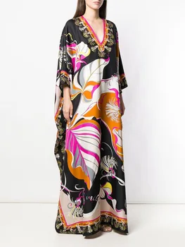 

VKBN 2020 Summer Bat Sleeved Dress Women Loose V-neck Silk Fashion Printing Plus Size Women Dresses Woman Party Night