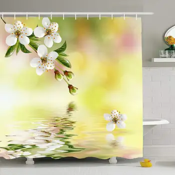 

Shower Curtain Set with Hooks 66x72 Scenery Floral Blossoming Branch Cherry Colorful Spring White Nature Parks indoor Flower