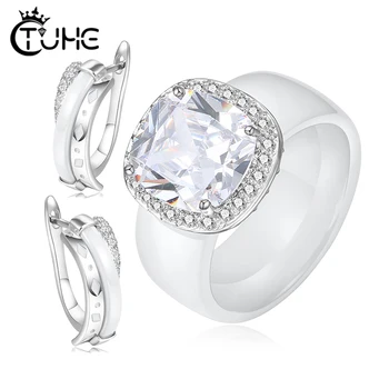 

Big Carat Cubic Zircon Rings Earring Ring Bridal Jewelry sets for Women Matrial Ceramic Jewelry Valentines Day Gift