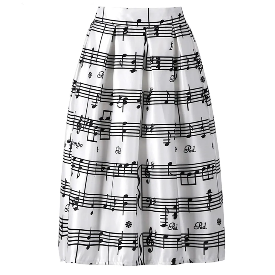 

FOLOBE 2019 Summer Piano Music Note Melody Print High Waist Pleated Ball Gown Satin Flared Midi Women Skirts Tutu Saia