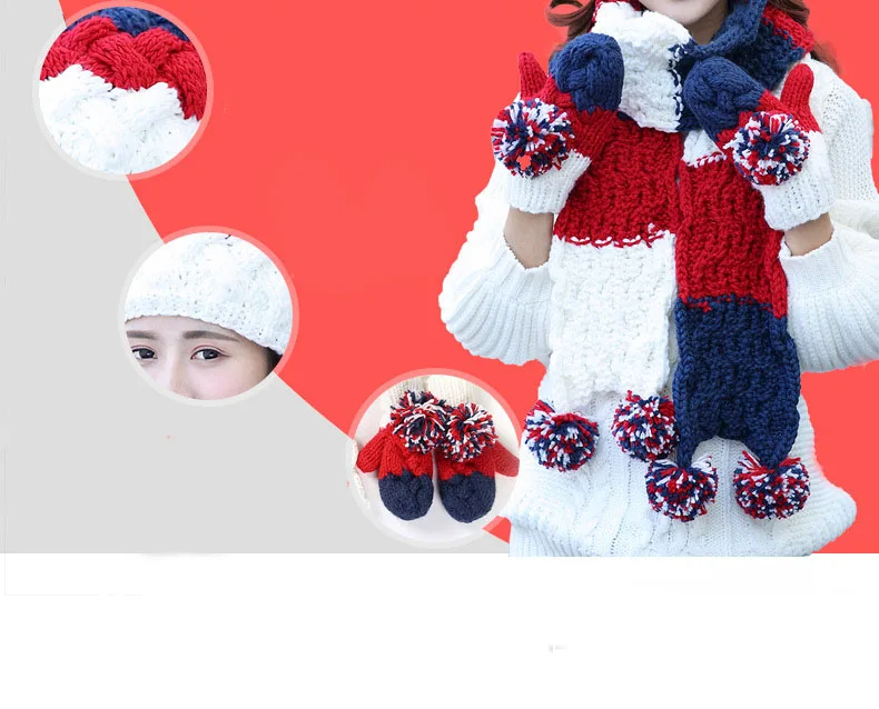Модная женская зимняя одежда, аксессуары, теплый зимний костюм, шарф шляпа перчатки, комплект для девочек, зимняя плюшевая вязаная шапка