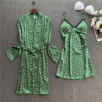 

Women Print 2PCS Sexy Lace Sleep Set Nighty&Robe Suit Sleepwear Satin Nightdress Kimono Bathrobe Gown Silky Intimate Lingerie