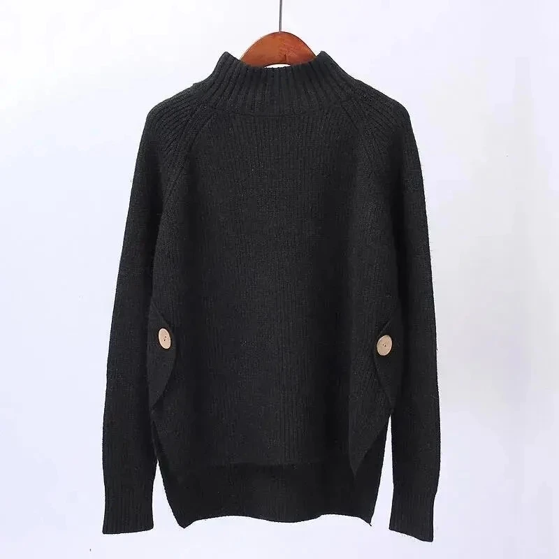 

Women Sweate Pullover Early Autumn New Solid Color Button Slit Long Sleeve Loose Top All-match Fashion Commuter Female Clothing