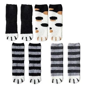 

autumn winter socks women's cat claws plush coral fleece cute Coral print pattern warm sleep home socks 4 pairs combination