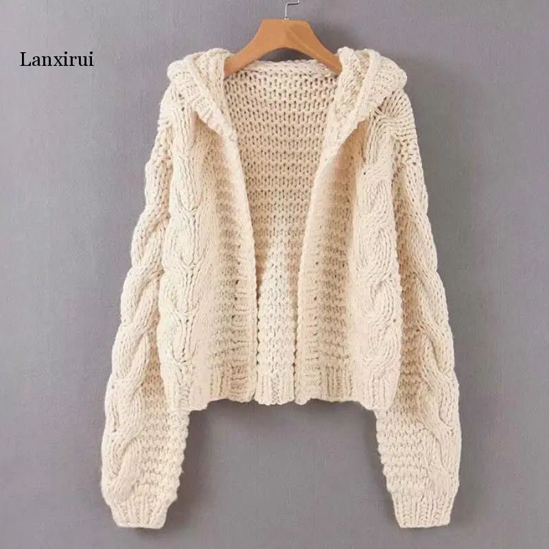 Chic Hooded Cross Twist Flowers Hooked Sweater