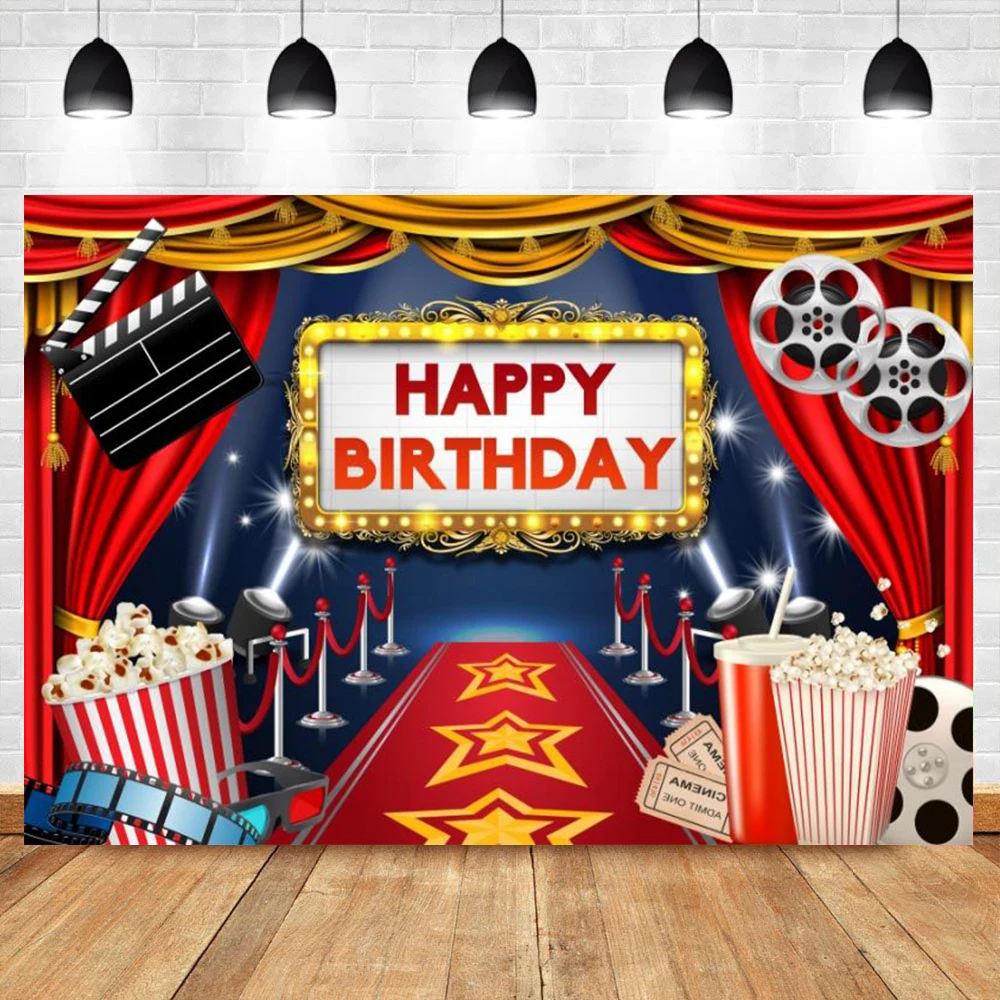 Cinema Film Theme Birthday Photo Backdrop Popcorn Stage Red Carpet Birthday Party Photocall Photography Background Photo Studio photo backdrop