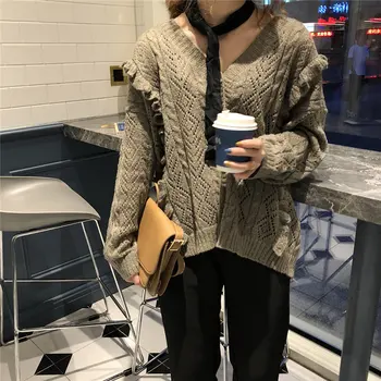 

Alien Kitty 2019 Retro Cardigans Casual Knitted V-Neck All Match Ruffles Hollow Out Solid Warm Sweet Brief Soft Loose Sweaters