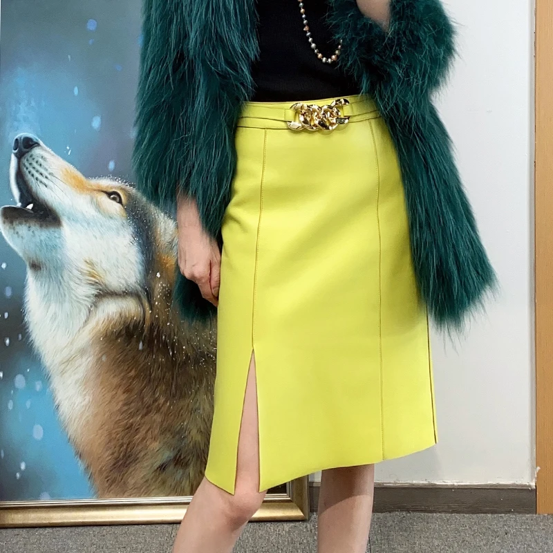 

Factory New Arrival Women Fashion Genuine Sheepskin Leather Middle Skirt