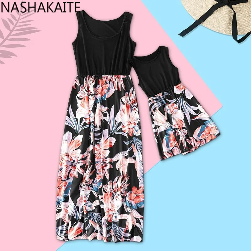 Платье для мамы и дочки лоскутное платье без рукавов с цветочным принтом длинное