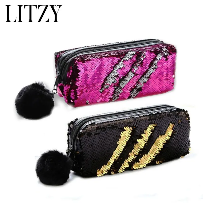 

Reversible Sequin Pencil Case For Girls Hairball Pencil Case Bag Kawaii School Supplies Cute Pencil Box Pen Pouch Stationery