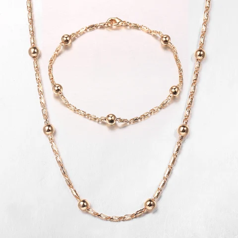 585 Rose Gold Ball Beaded Necklace Bracelet Set For Women Satellite Link Chain Elegant Bridal Wedding Jewelry Set CS26