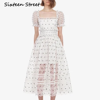 

Polka Dot White Dress Female Vestidos Summer New Sequin Collar Puff Sleeve Lace Dress Woman Hollow Out Elegant Backless Vestido