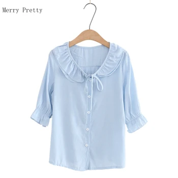 

Solid Blue Ruffles Collar Blouse And Top 2020 Summer New Arrival Women Cotton Short Sleeve Shirt Single-breasted Lace Up Blouses