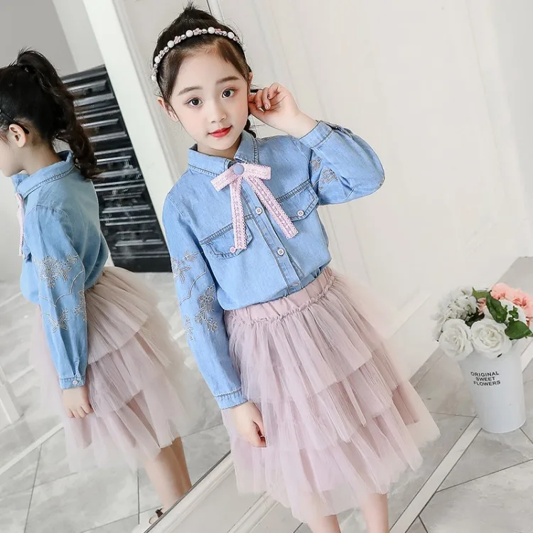 

Girls 2019 New Style Set Korean-style Big Boy Denim Shirt Western Style Puffy Mesh Dress Princess Dress Two-Piece Set Fashion