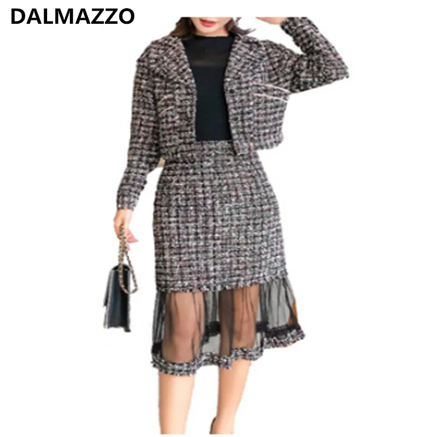 

2019 Designer Women Suits Tweed Woolen Turn down Collar Slim Short Jacket Coat + Patchwork Mesh Long Skirt Two Piece Sets Female