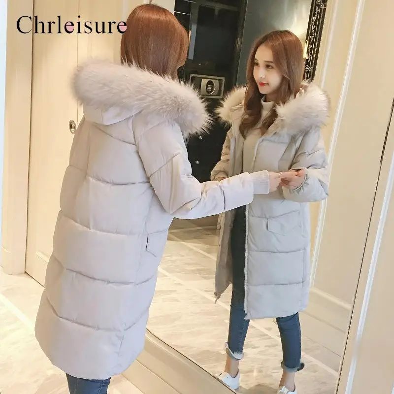 CHRLEISURE, женское хлопковое пальто, большой меховой воротник, длинные колени, свободная Хлопковая женская куртка, теплая зимняя