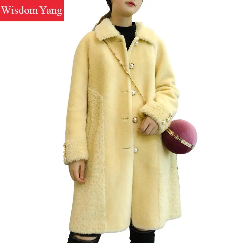 

Winter Warm Woollen Coats Womens Real Sheep Wool Yellow Pink Korean Coat Elegant Cashmere Casual Ladies Long Overcoat Outerwear