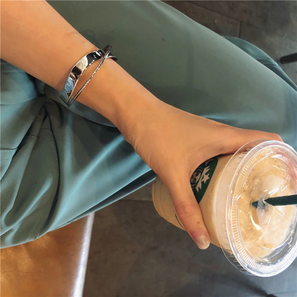 Glossy Double Layer Geometric Irregular Cross Ripple Opening Wristband Jewelry Bangle