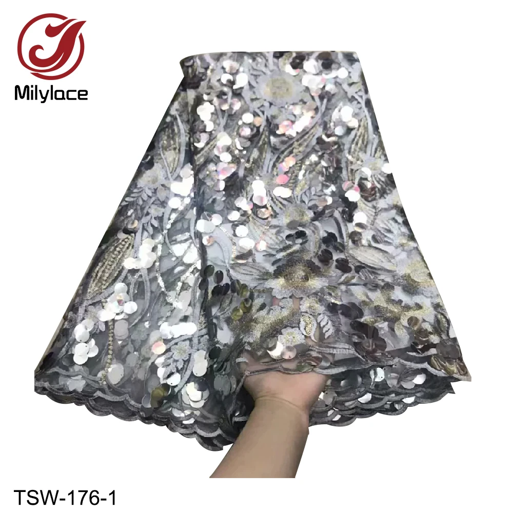 

3D Flower French Embroidered Fabric Romantic Design African Tulle Lace Fabric with Sequins 5 Yard for Wedding Party TSW-176