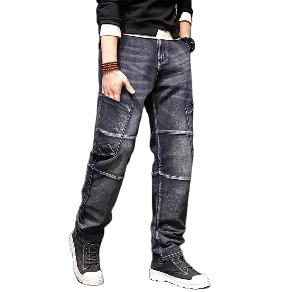 Fashion Baggy Cargp Pants Men Casual Jeans Patchwork Big Pocket Trousers Distressed Streetwear Denim Plus Szie Clothing