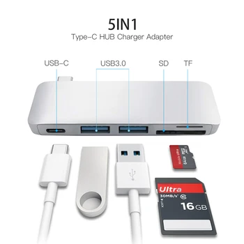 

5IN1 Type-C to 2*USB3.0 + 1*USB-C + SD TF Card Slot Multi-Function Adapter USB-C Hub Converter Plug & Play Silver For IOS