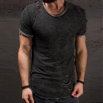 

2020 Men's round neck T-shirt Hem short sleeve Ripped T-shirt
