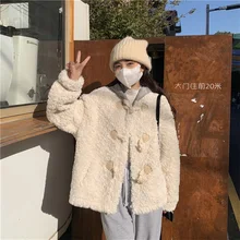 

Japanese Winter New Sweet Girly Style Plush Coat Kawaii Hooded Cute Horn Button Design Full Sleeve Thicken Keep Warm Outerweat