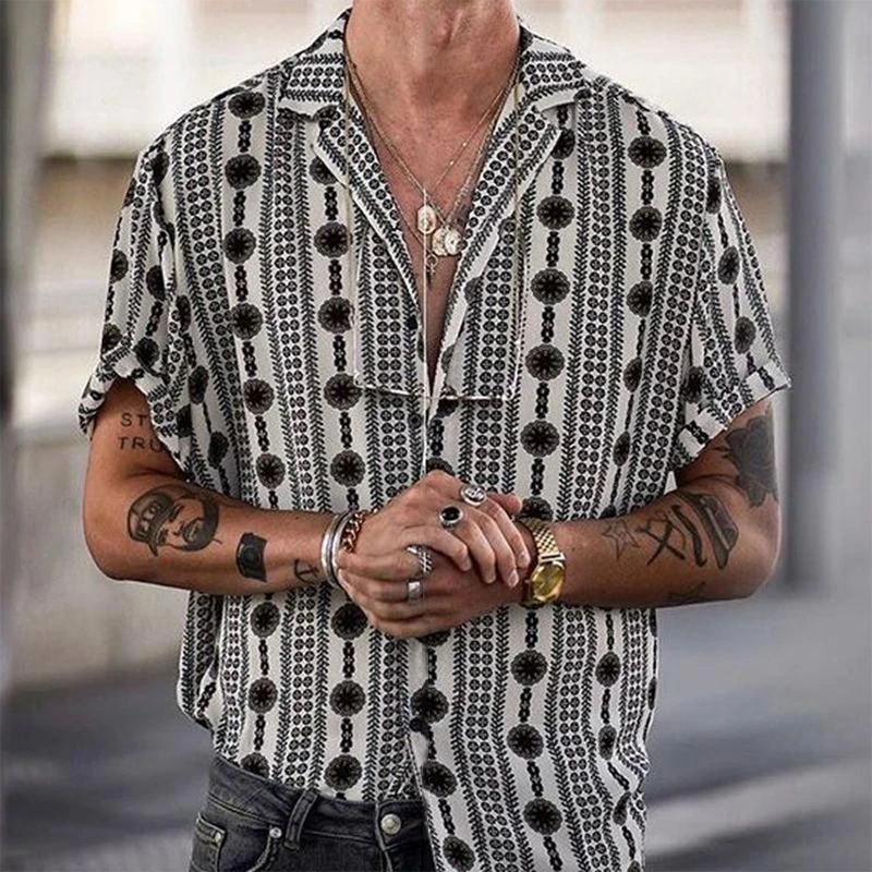 90s estampado Vintage de la solapa los hombres Camisas Casual nueva de verano corto manga botón camisa ropa para hombre moda Streetwear| Camisas informales| - AliExpress