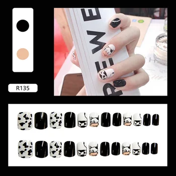 

24pcs/box cute false nails with lovely cow pattern Manicure patch short size press on nails with designs for girls