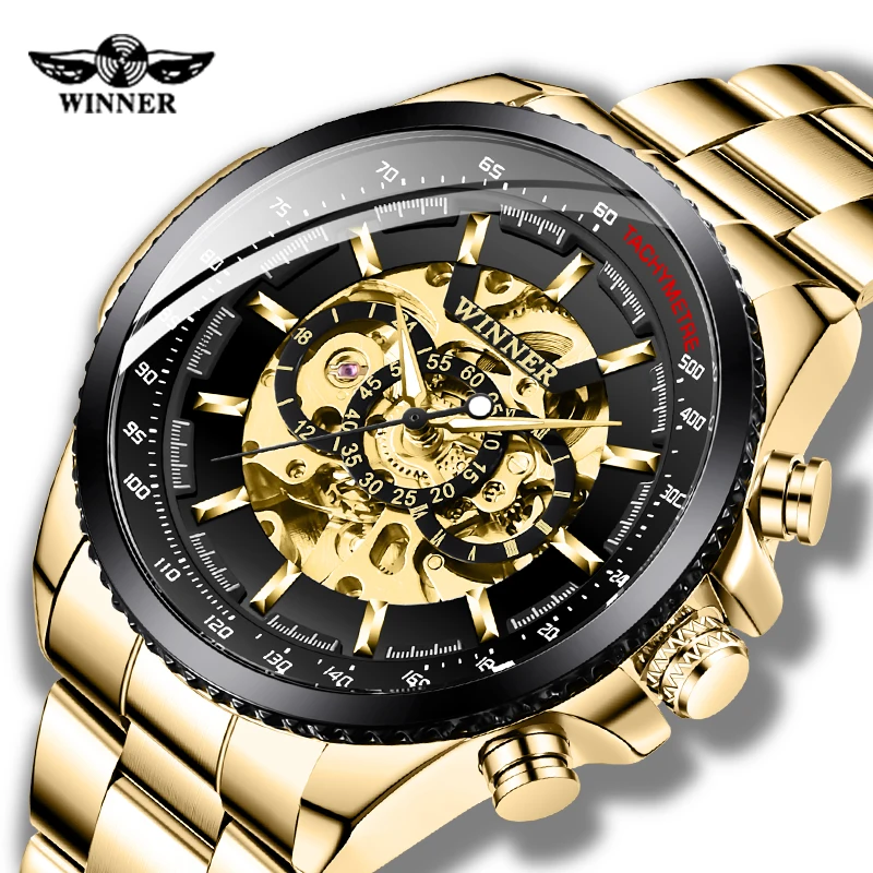 Роскошные брендовые золотые победители Мужские часы механические