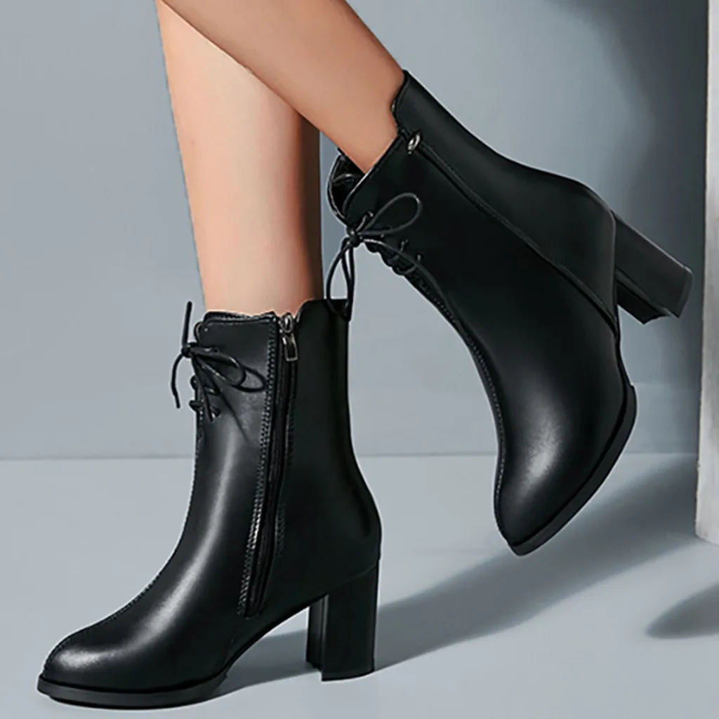 

Black Winter Boots Shoes Women Fashion Pointed Toe Lace Up Zipper Hoof Heels Winter Boots Solid Color Size 35-40 Female Shoes