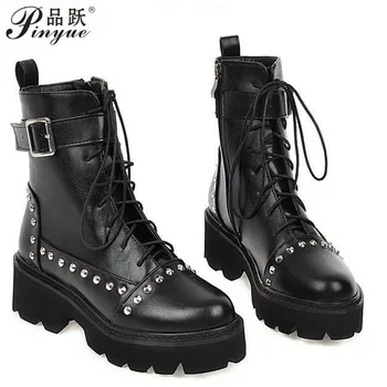 comprar Botas De Salto Médio Estilo Gótico Botas Curtas Para O Outono Botas De Alta Scooter Botas De Couro Preto