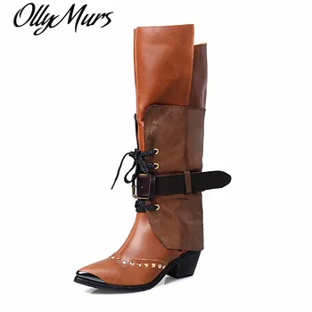 

Winter 100% Real Leather Over The Knee Boots Women Luxury Light Bronw Rivet Thigh High Boots Pointed Toe Thick Heels Shoes 34-40